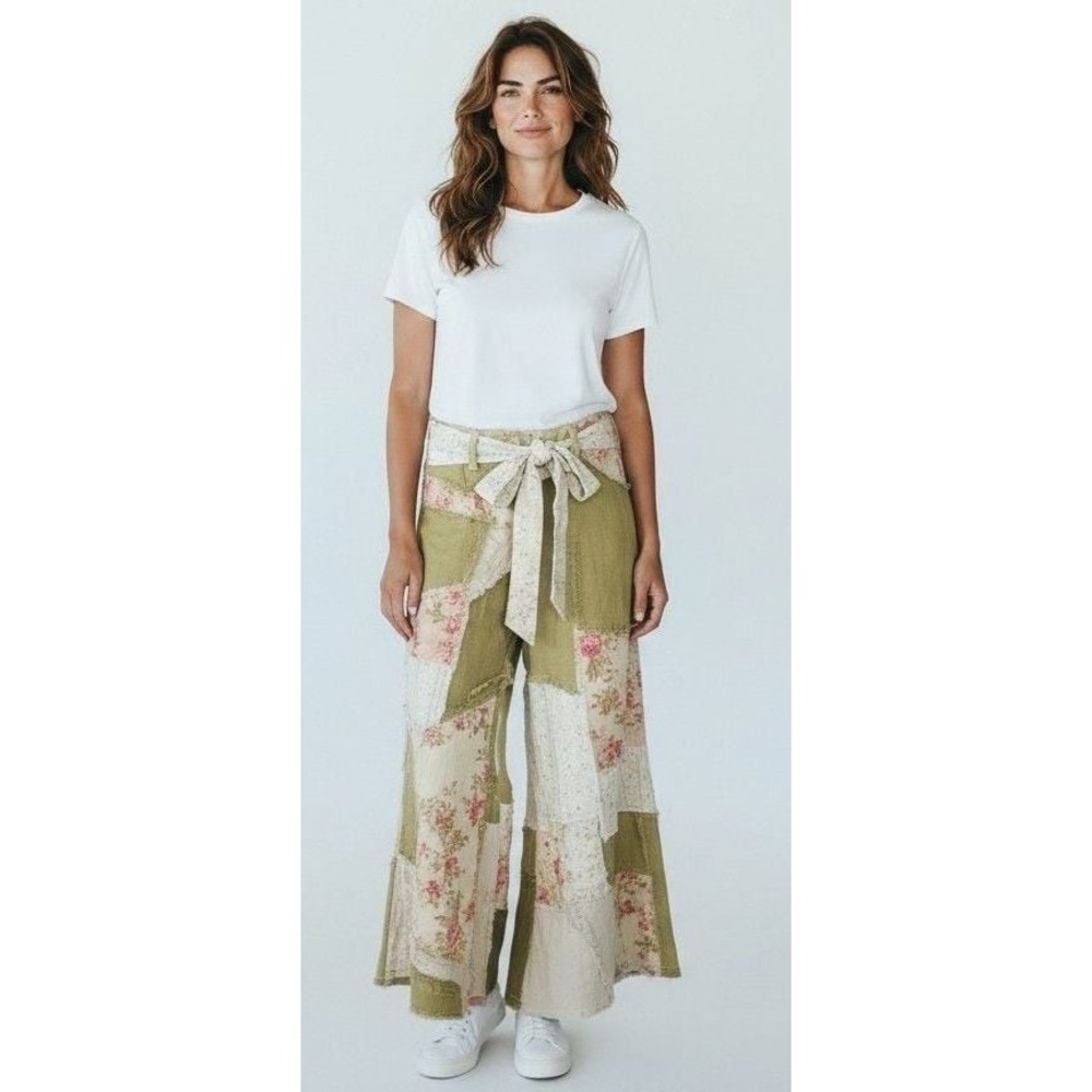 New Oli & Hali Green Floral Patchwork Wide Leg Pants with Tie Belt